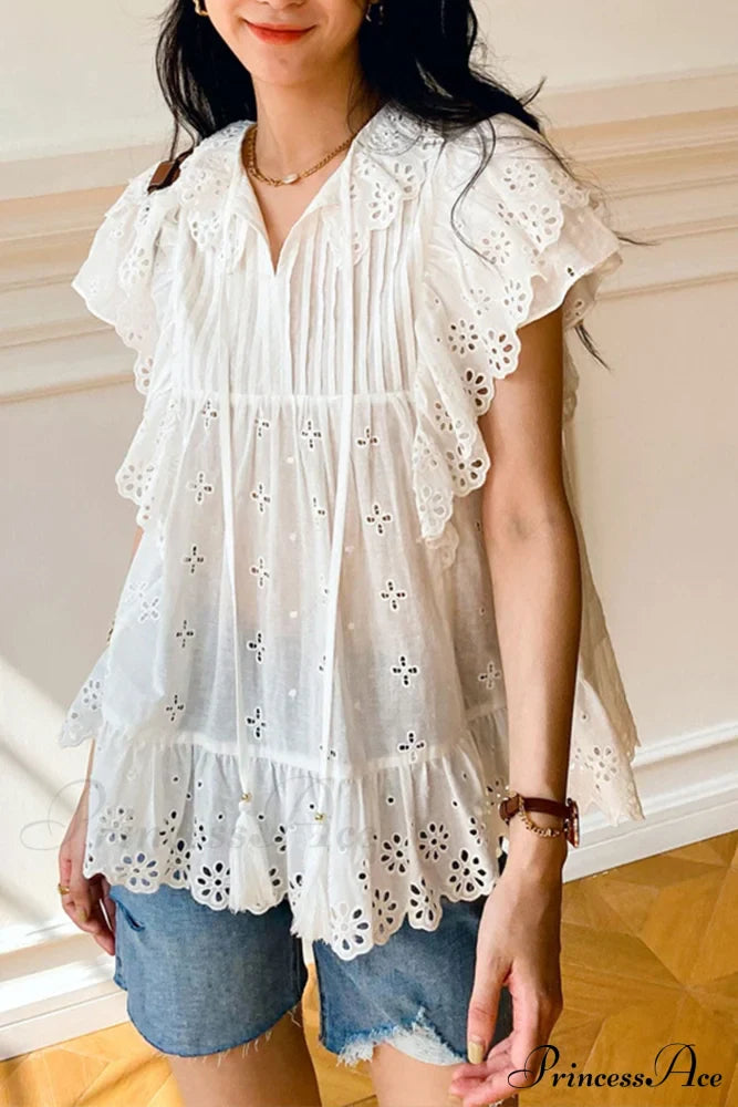 Top Arm Lace White with Ruffles Embroidery