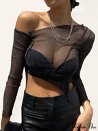 Top Solid Mesh Color for One-shoulder Sexy Crop Sheer Women