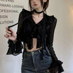 Transparent V-neck Flared Sleeve Blouse