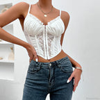 Trendy Mesh Fishbone Lace Pleated Sexy Crop Top