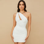 One Shoulder Cut Out Ruched Mesh Party Mini Dress - White