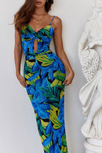 Tropical Twist Cutout Printed Fishtail Backless Beach Vacation Maxi Dress - Blue
