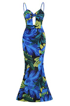 Tropical Twist Cutout Printed Fishtail Backless Beach Vacation Maxi Dress - Blue