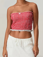 Tube Bow Lace Trim Ruched Plaid Crop Top
