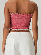 Tube Bow Lace Trim Ruched Plaid Crop Top