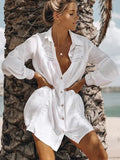 Turn-Down Collar Solid Bikini Cover Up