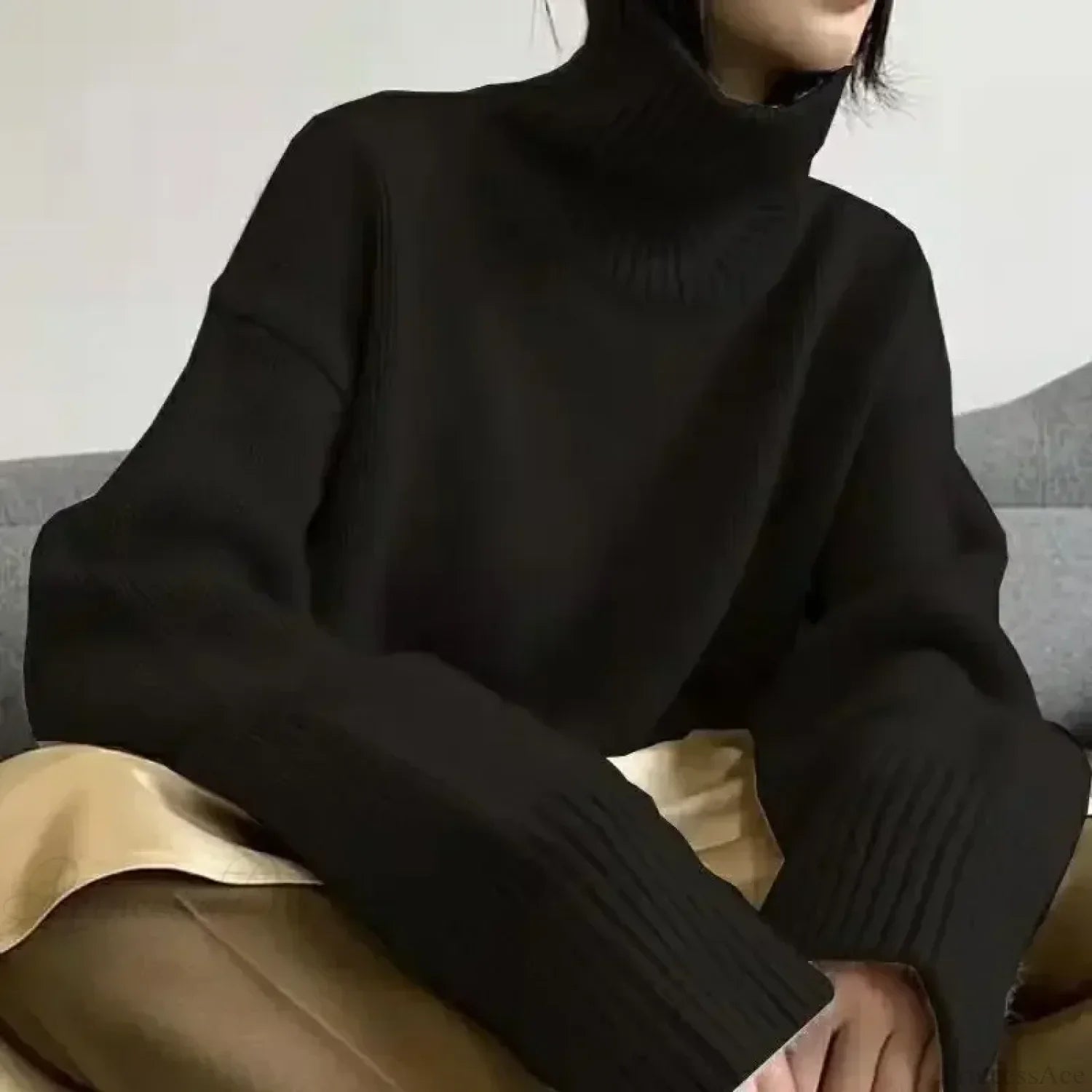 Turtleneck Elegant Gray Red Sweater