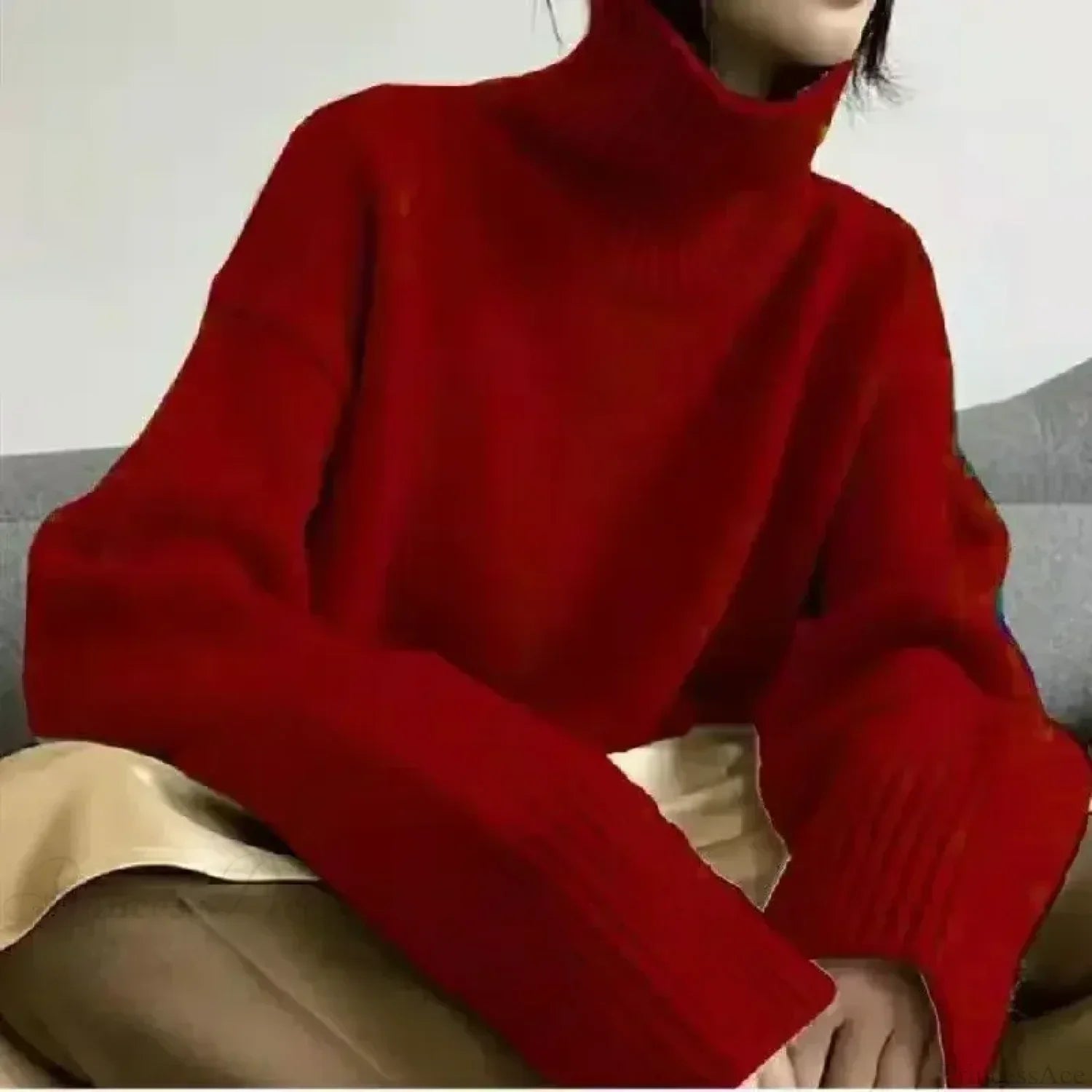 Turtleneck Elegant Gray Red Sweater