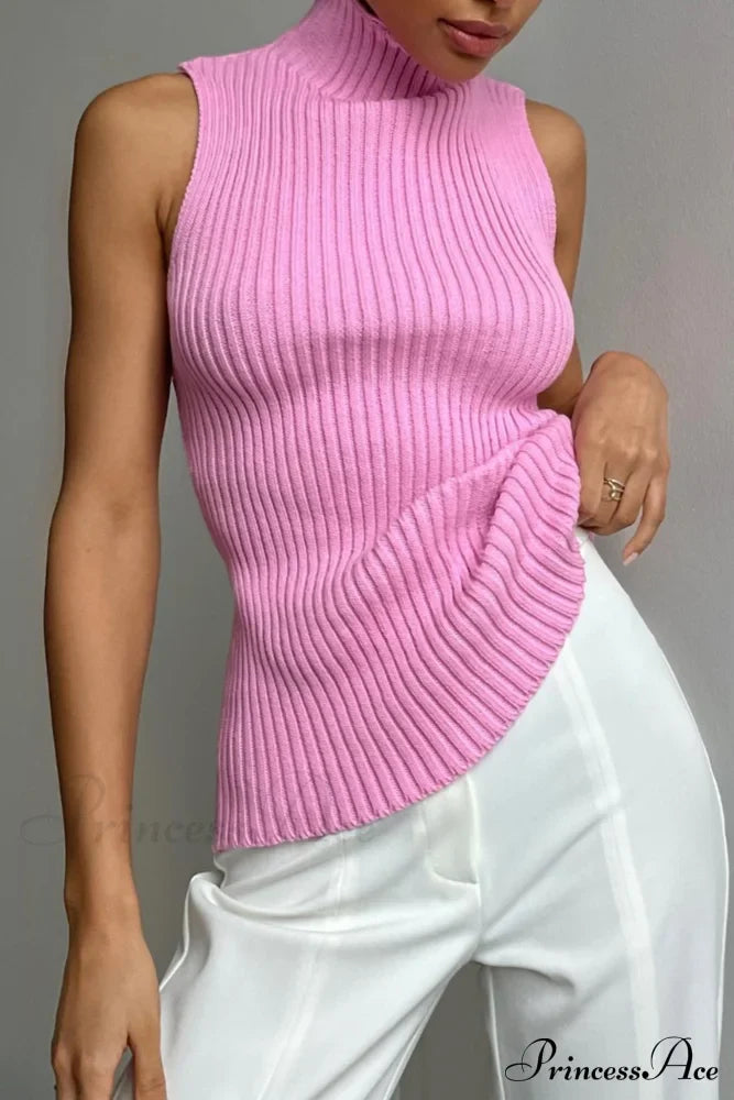 Turtleneck Ribbed Sleeveless Knit Sweater