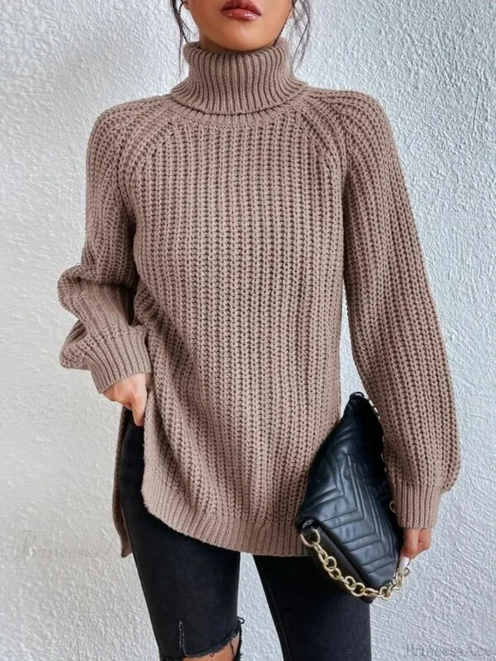 Turtleneck Split Crochet Thick Sweater