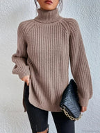 Turtleneck Split Crochet Thick Sweater