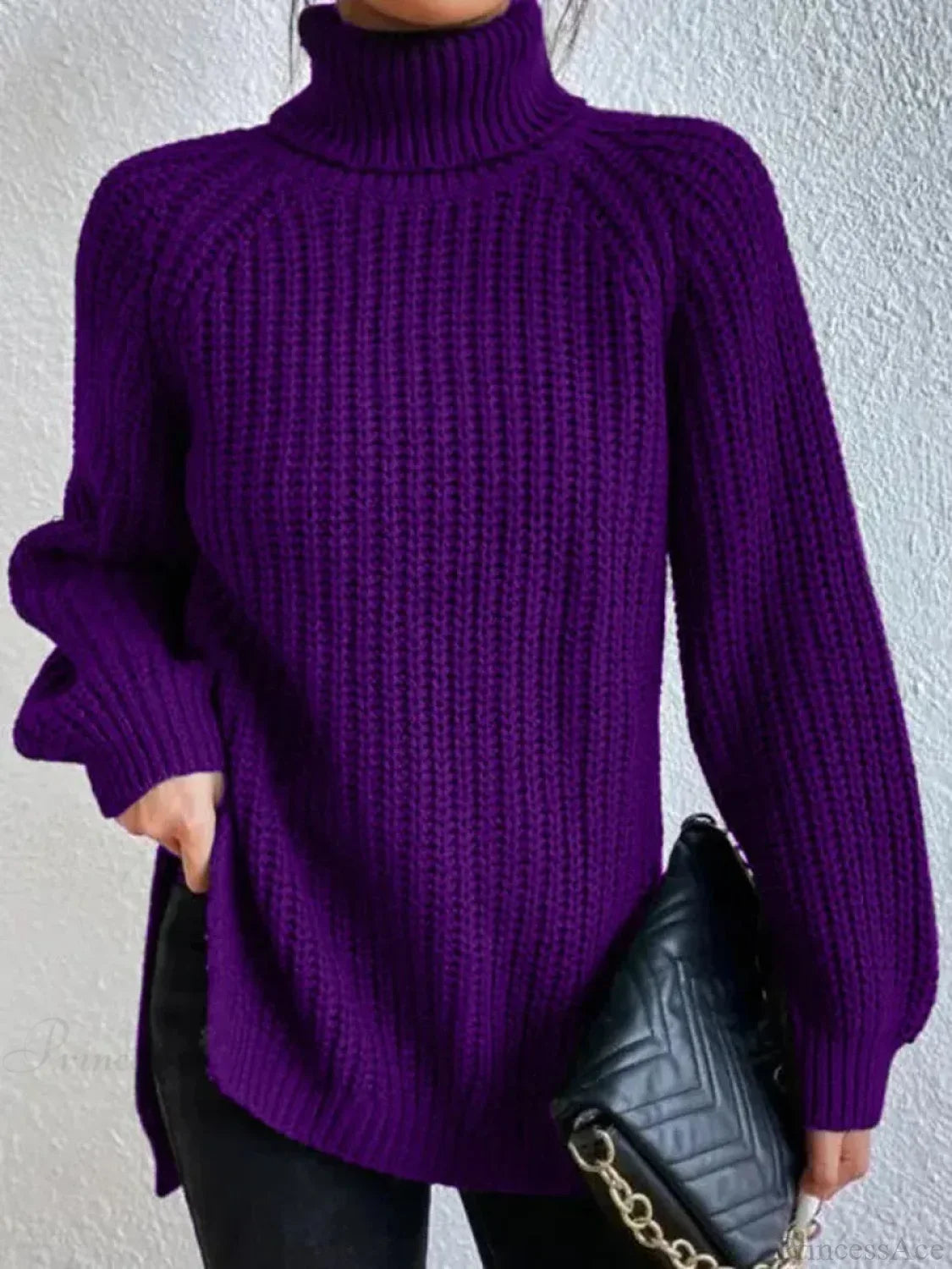 Turtleneck Split Crochet Thick Sweater