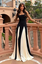 Two-Tone Paneled Tulle Strapless Evening Dress
