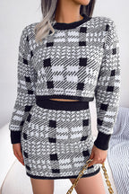 Two Tone Plaid Knitted Cropped Sweater Mini Skirt Two Piece Dress - Black