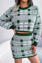 Two Tone Plaid Knitted Cropped Sweater Mini Skirt Two Piece Dress - Green