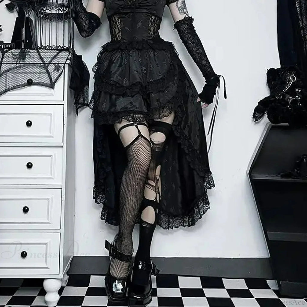 Uneven Folded Lace Black Midi Dress