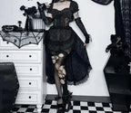 Uneven Folded Lace Black Midi Dress