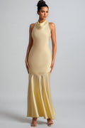 Azurao Yellow Satin Cowl-Neck Maxi Dress