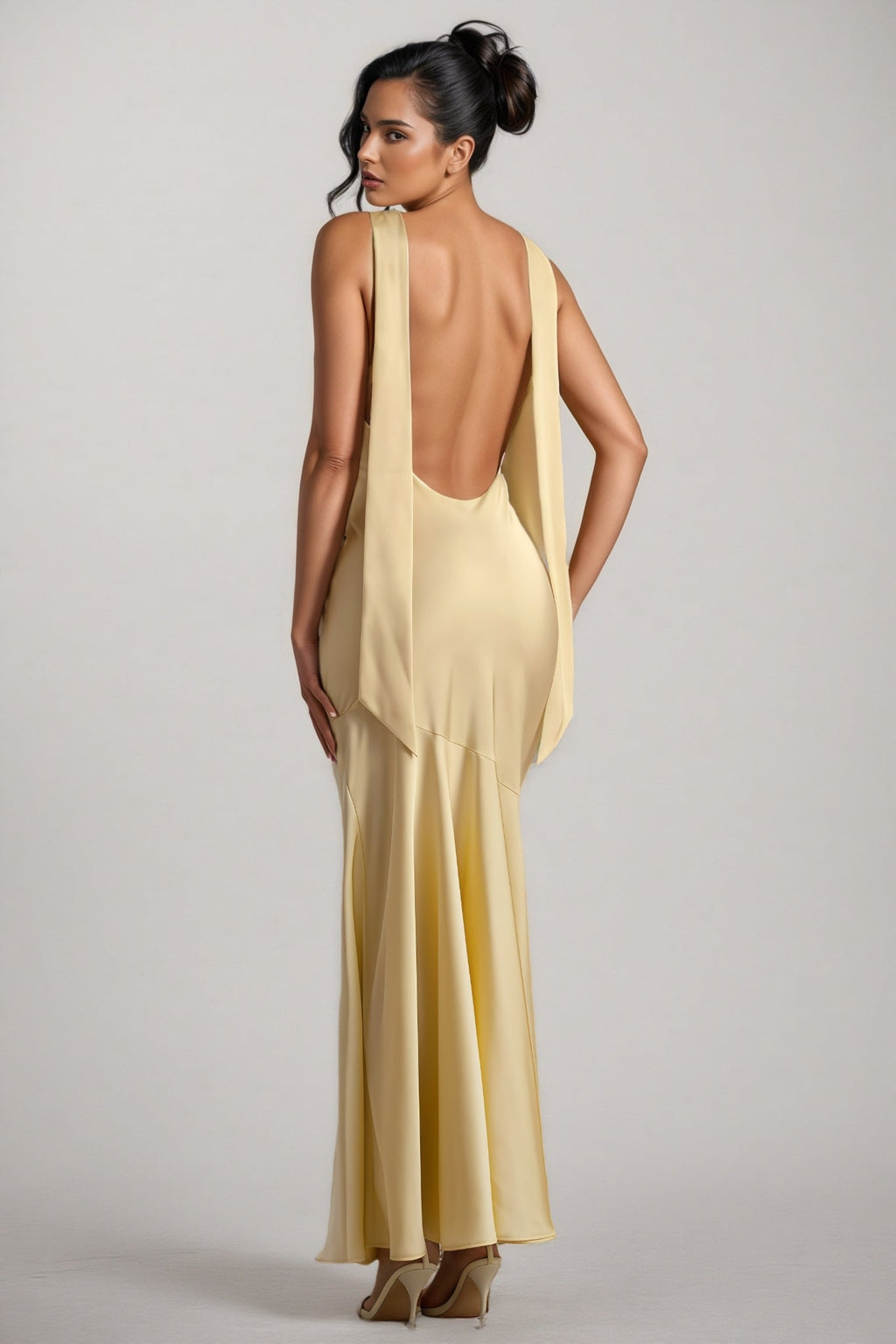 Azurao Yellow Satin Cowl-Neck Maxi Dress