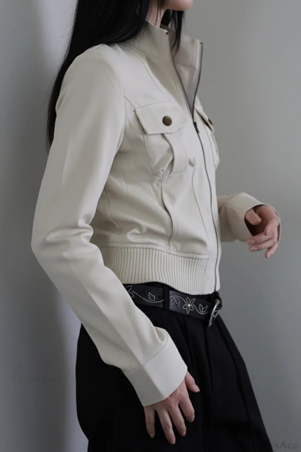 Utility Solid Color Pocket Stand Collar Waist Cinched Jacket