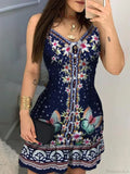 V-neck Buttoned Design Floral Print Dress