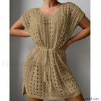 V-Neck Drawstring Slit Dress Cover Up