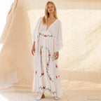 V-neck Embroidery Flower Retro National Boho Dress