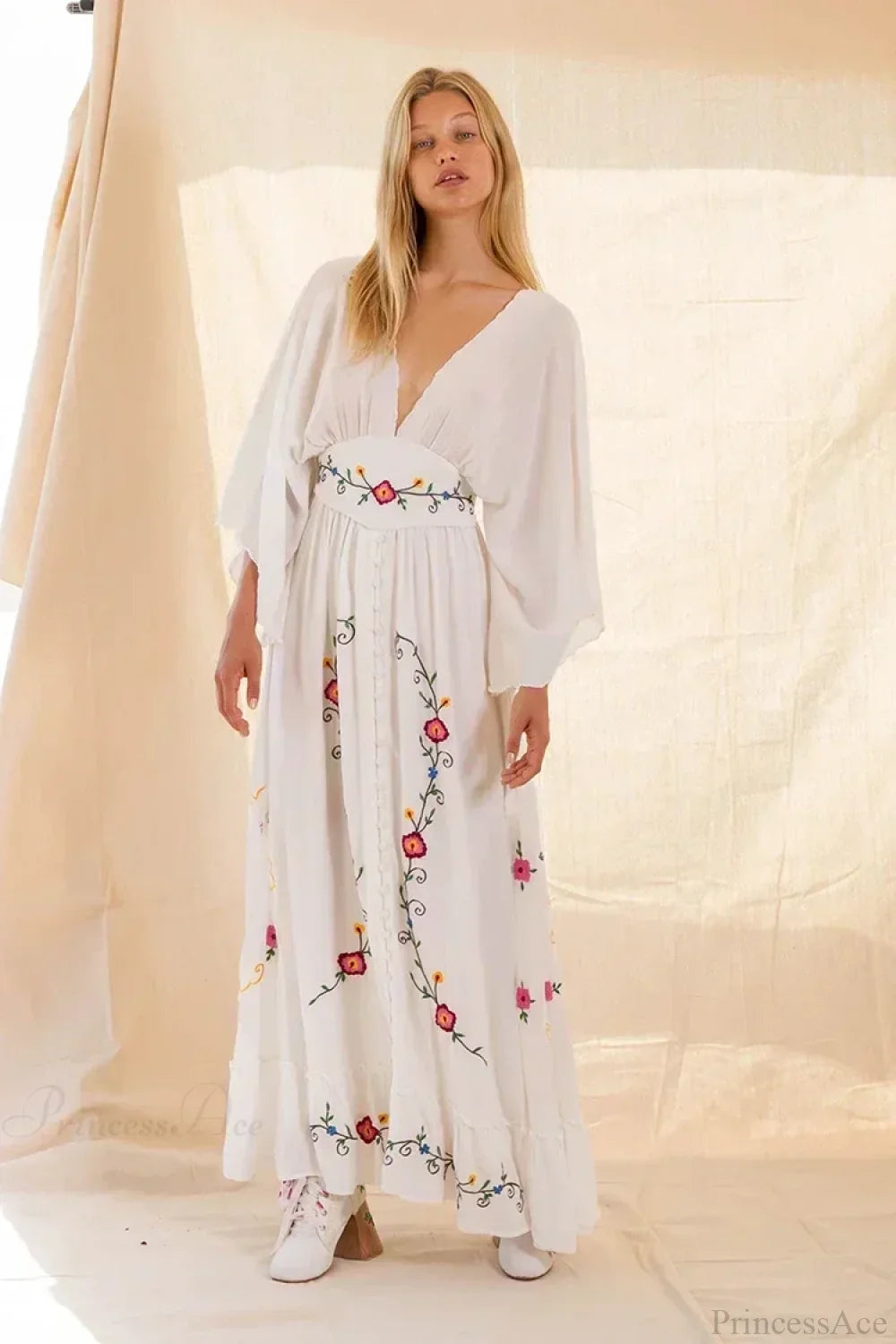 V-neck Embroidery Flower Retro National Boho Dress