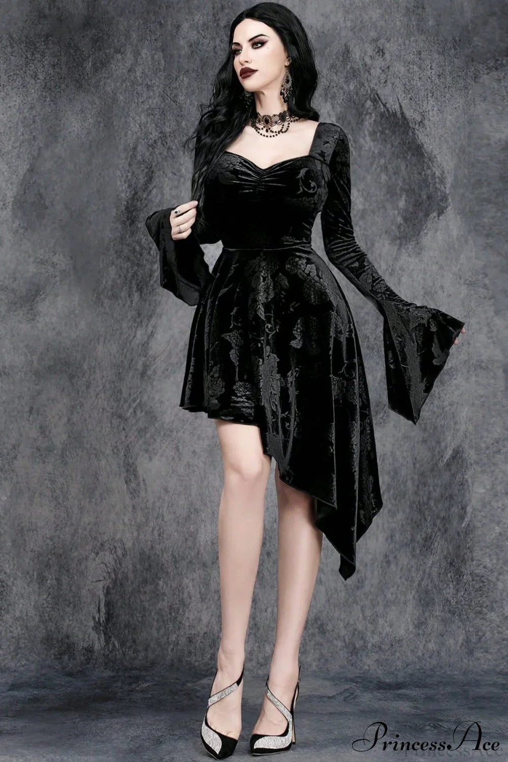 V-Neck Flare Sleeve Gothic Dress