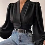 V-neck High Waist Lantern Sleeve Satin Blouse