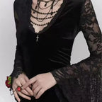 V-neck Irregular Flare Lace Midi Dress