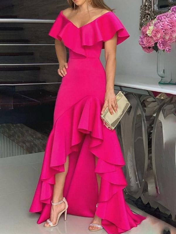 V Neck Irregular Ruffled Personalized Design Dress