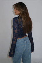 V-Neck Lace Fitted Long Sleeve Tee