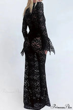 V Neck Lace Flare Sleeve Dress
