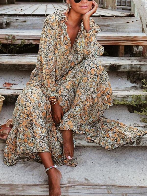 V neck Long sleeved Casual Floral Big Swing Dress