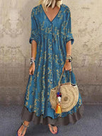V neck Long Sleeves Printed Fake Two piece Dress