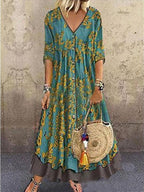 V neck Long Sleeves Printed Fake Two piece Dress
