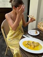 V-neck Print Floral Yellow Vacation Dress