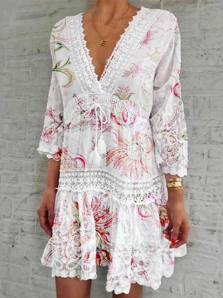 V Neck Printed Three Quarter Sleeve Casual Dress