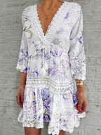 V Neck Printed Three Quarter Sleeve Casual Dress