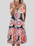 V neck Printed Zipper Short sleeved Dress