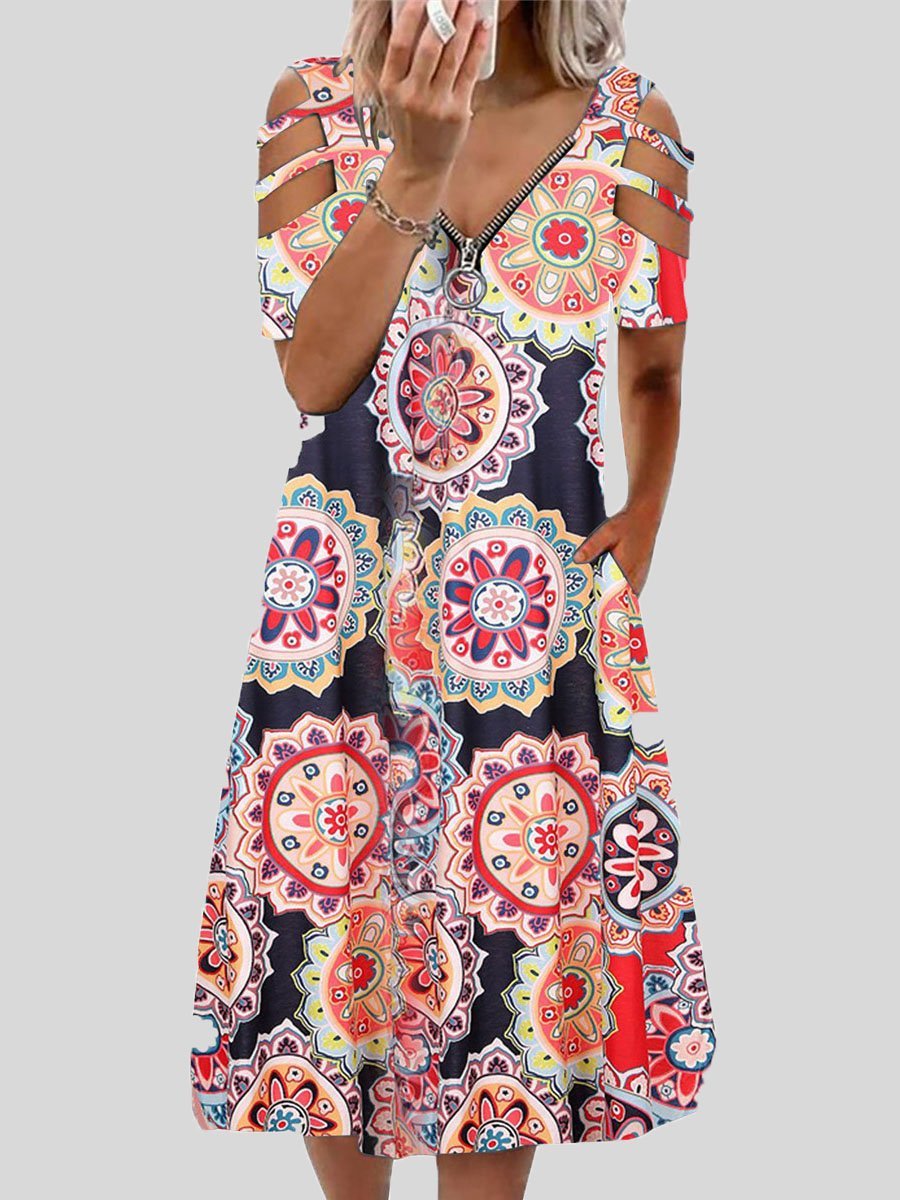 V neck Printed Zipper Short sleeved Dress