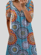 V neck Printed Zipper Short sleeved Dress