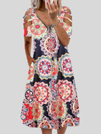 V neck Printed Zipper Short sleeved Dress