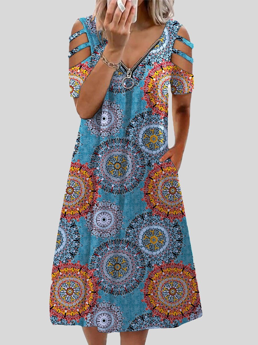 V neck Printed Zipper Short sleeved Dress