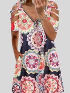 V neck Printed Zipper Short sleeved Dress