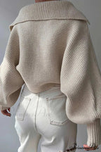 V Neck Puff Sleeve Sweater with Lapel