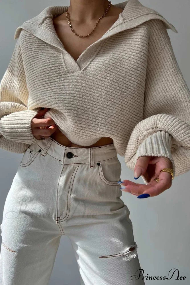 V Neck Puff Sleeve Sweater with Lapel