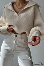 V Neck Puff Sleeve Sweater with Lapel