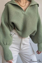 V Neck Puff Sleeve Sweater with Lapel